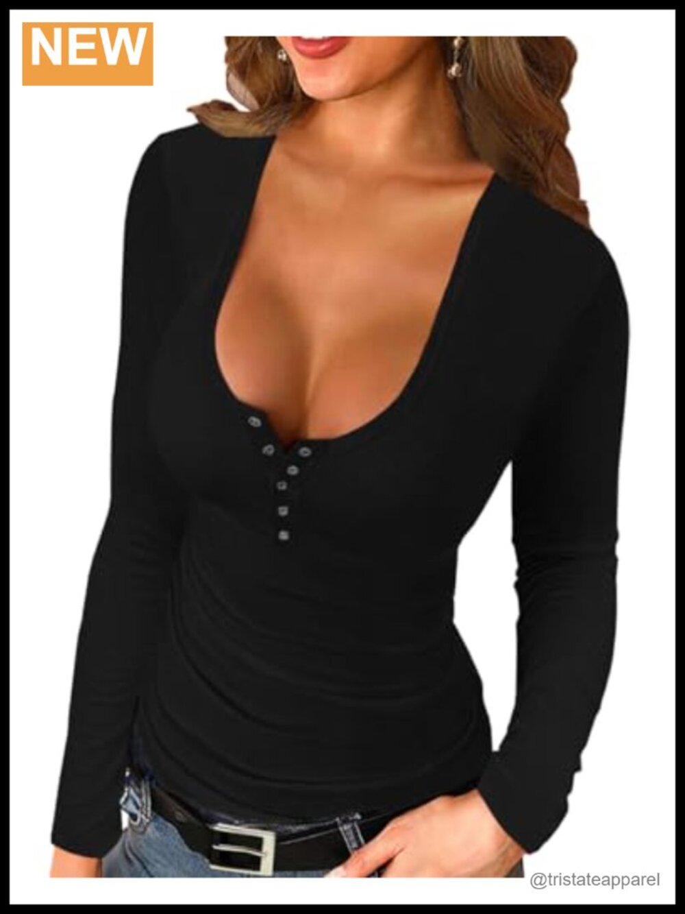 Ribbed Knit Long Sleeve Henley Tunic Top Slim Fit Button Neck